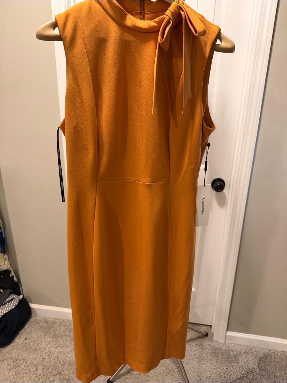 Calvin Klein Sleeveless Tie-Neck Midi Dress in Mustard Yellow